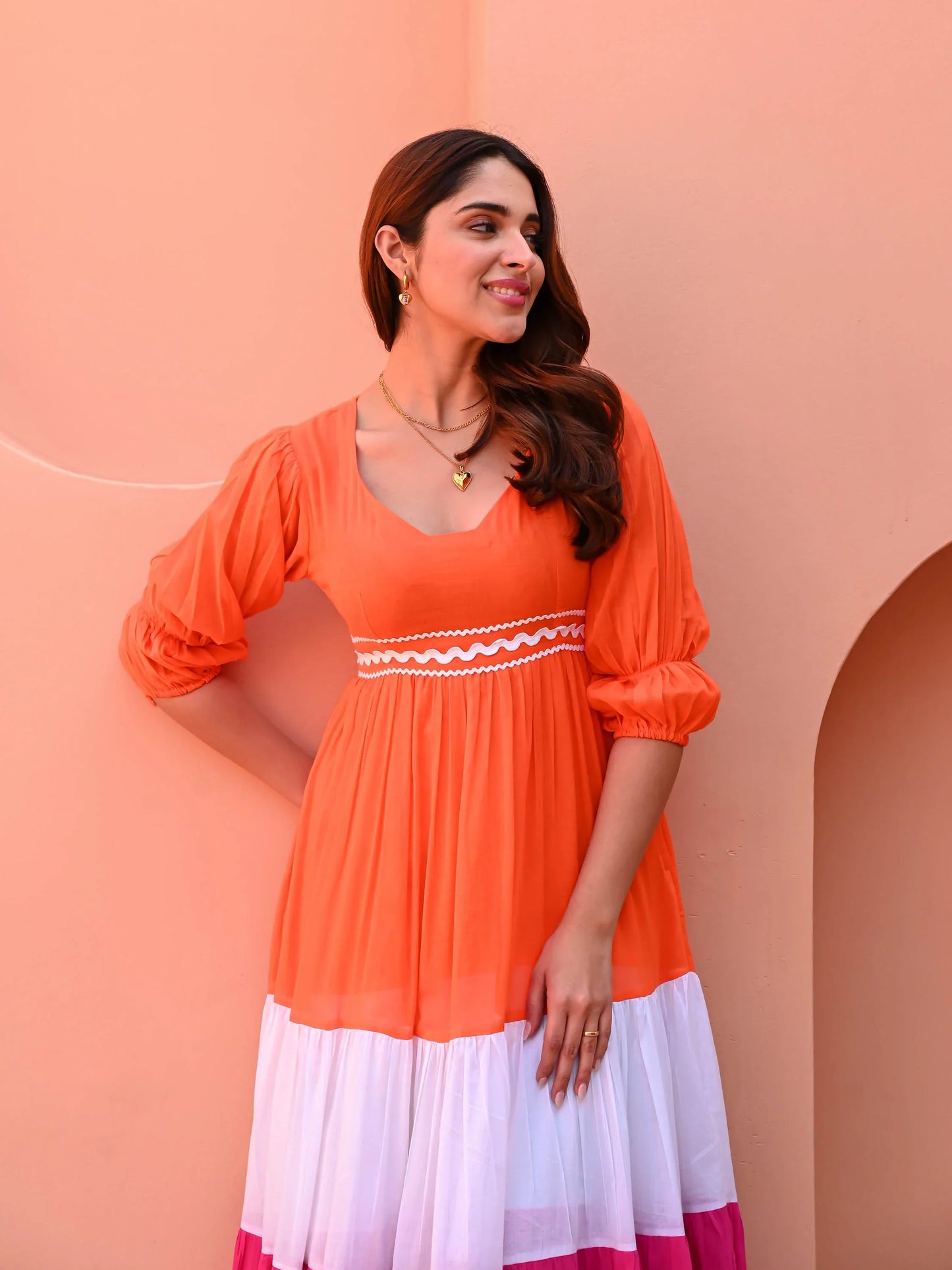Sunset Coral Tiered Anarkali Dress with Pink & Ivory Panels