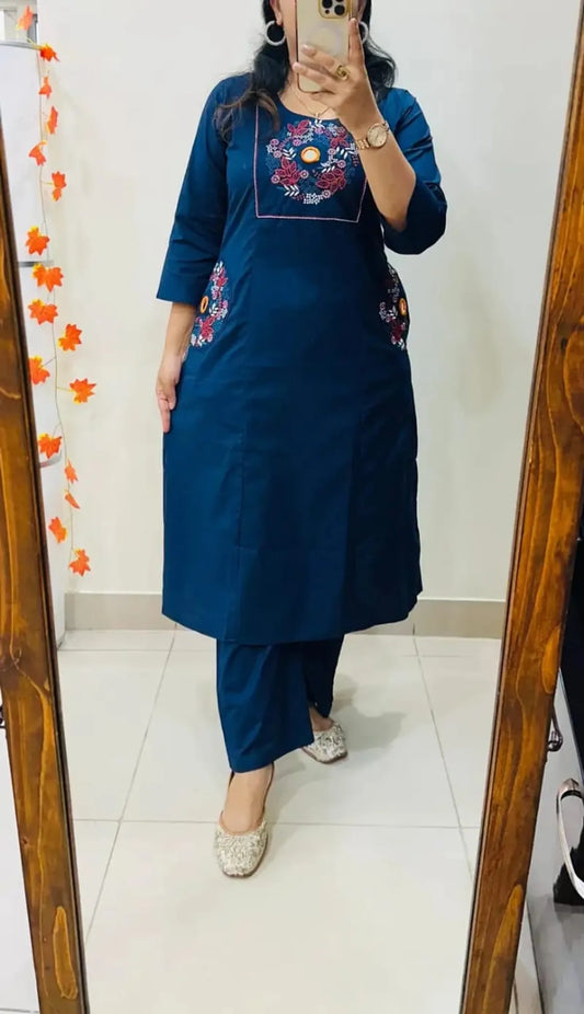 Classic Navy Blue Floral Embroidered Straight Kurta Set with Pants
