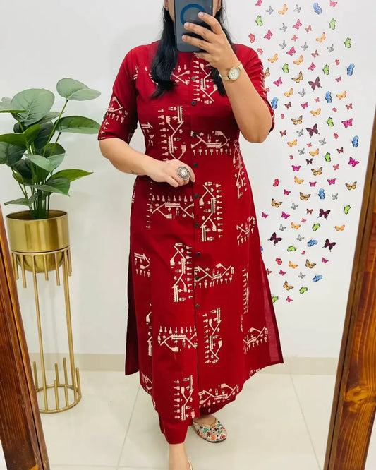Crimson Red Tribal Print Button-Down Kurta Set