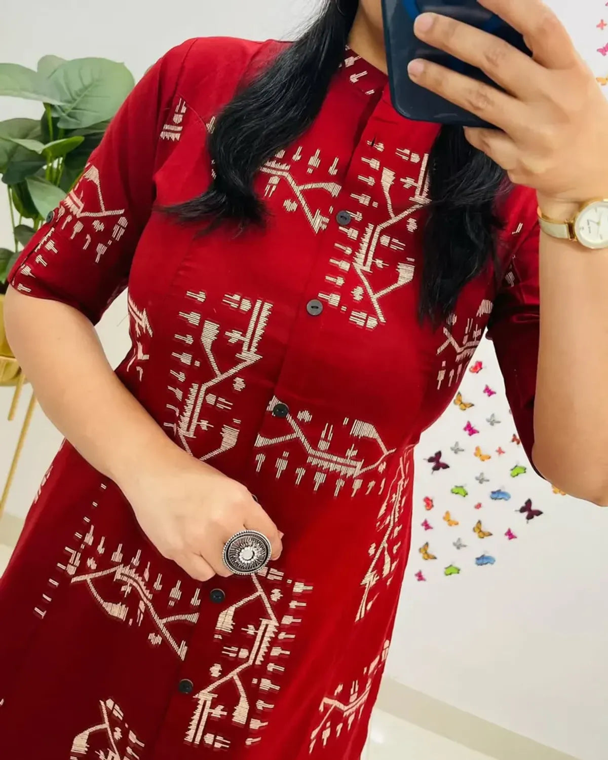 Crimson Red Tribal Print Button-Down Kurta Set