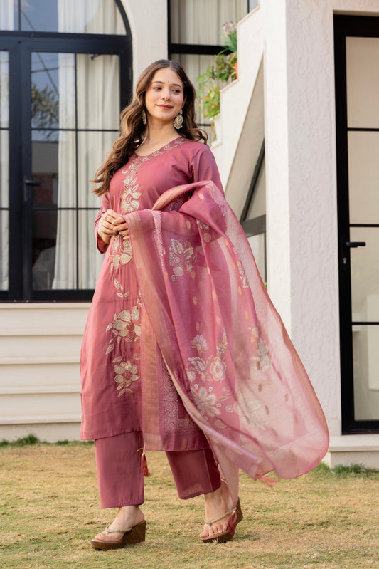 Blush Rose Embroidered Kurta Set with Elegant Floral Dupatta