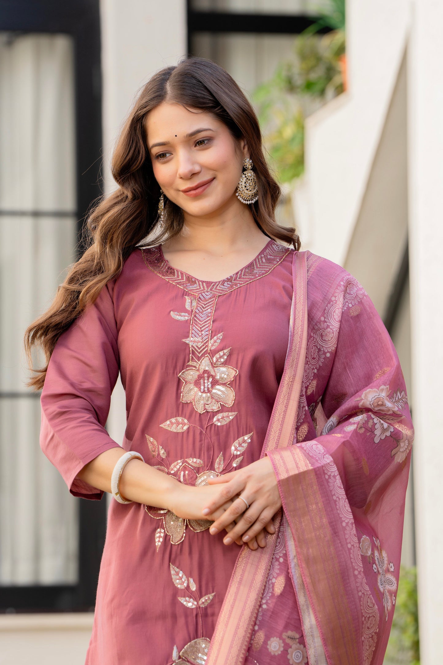 Blush Rose Embroidered Kurta Set with Elegant Floral Dupatta