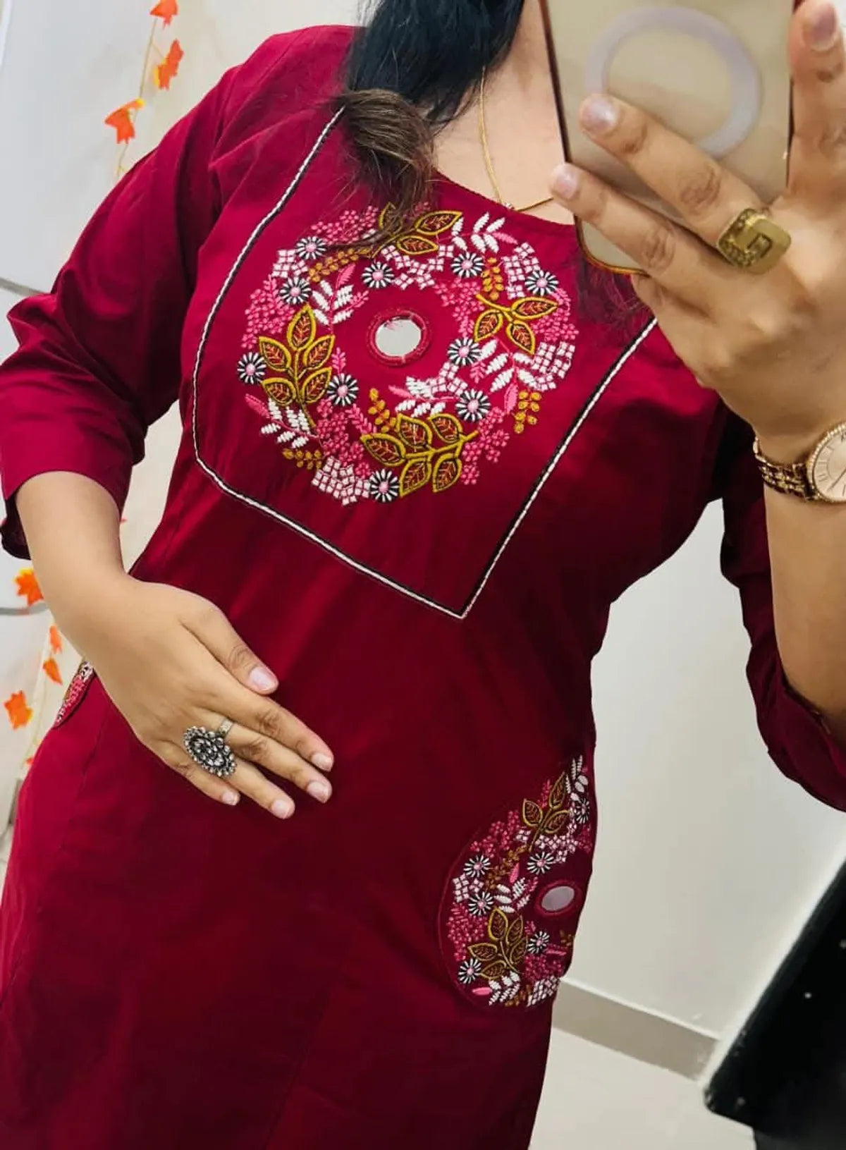 Deep Maroon Floral Embroidered Straight Kurta Set with Pants