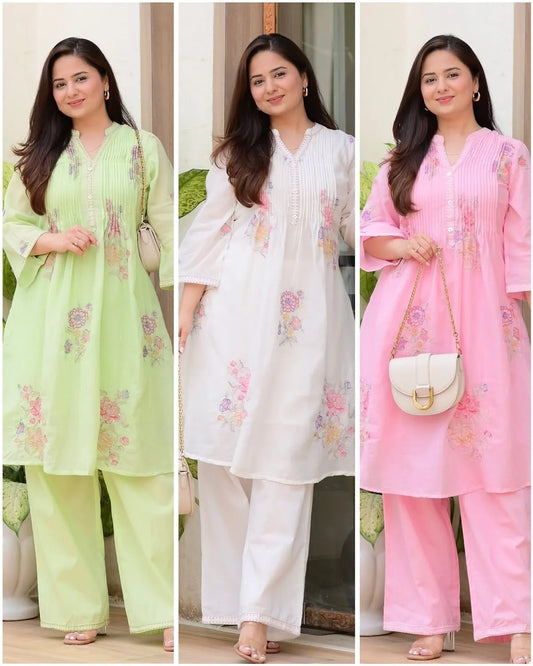 Elegant White Mulmul Cotton A-Line Kurta with Pastel Floral Embroidery
