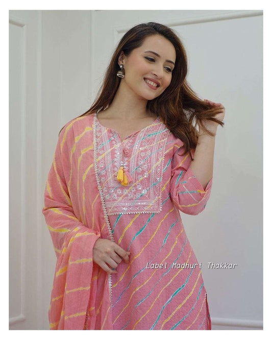 Pink Leheriya Cotton Blend Embroidered Suit Set For Women