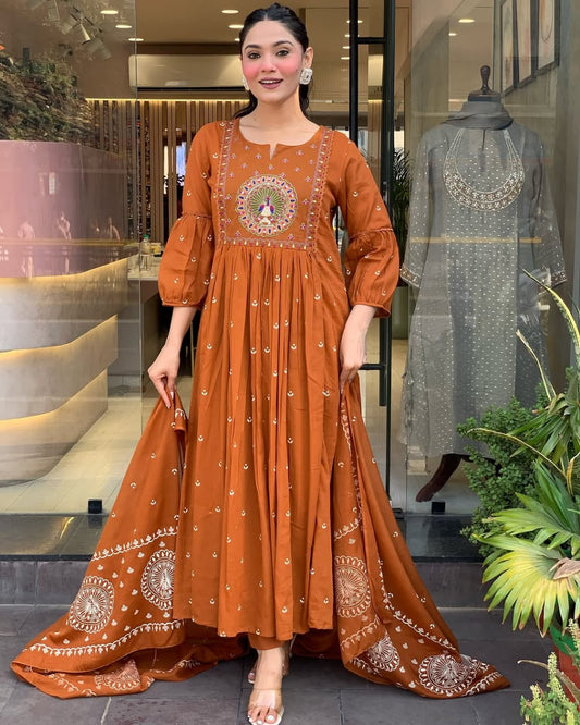Elegant Rust Orange Anarkali Suit With Intricate Embroidery