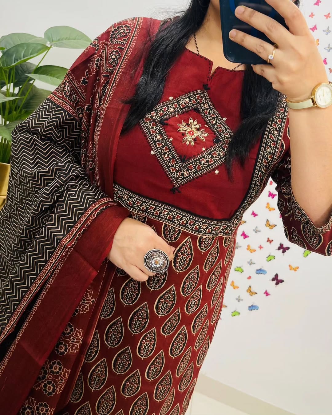 Elegant Maroon Block Print Cotton Suit Set
