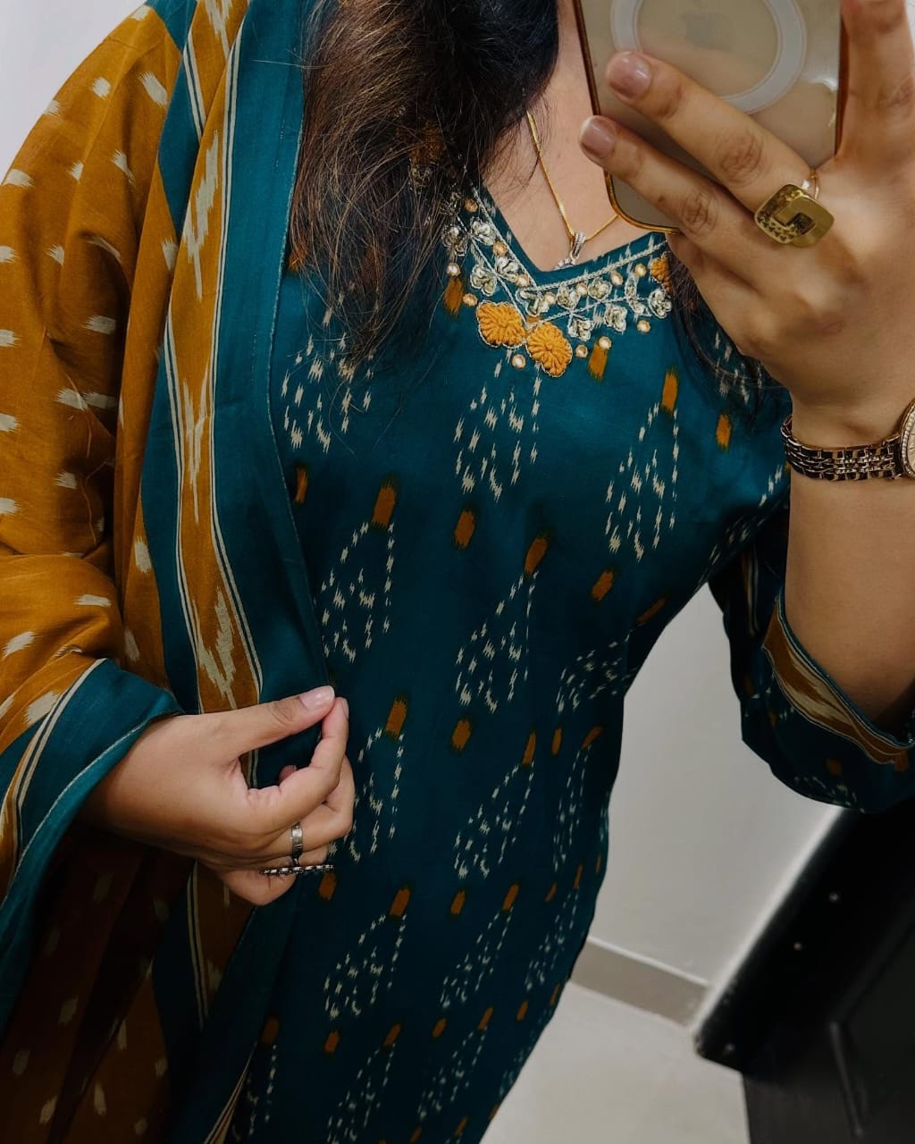 Premium Ajrak Cotton Suit Set – Teal & Mustard Ikat Print | Kurti, Pant & Dupatta