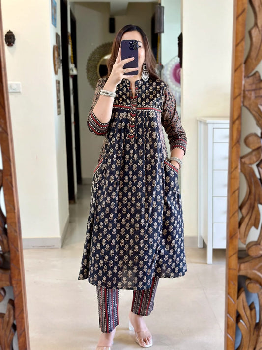 Elegant Navy Blue Printed Cotton Kurta Set