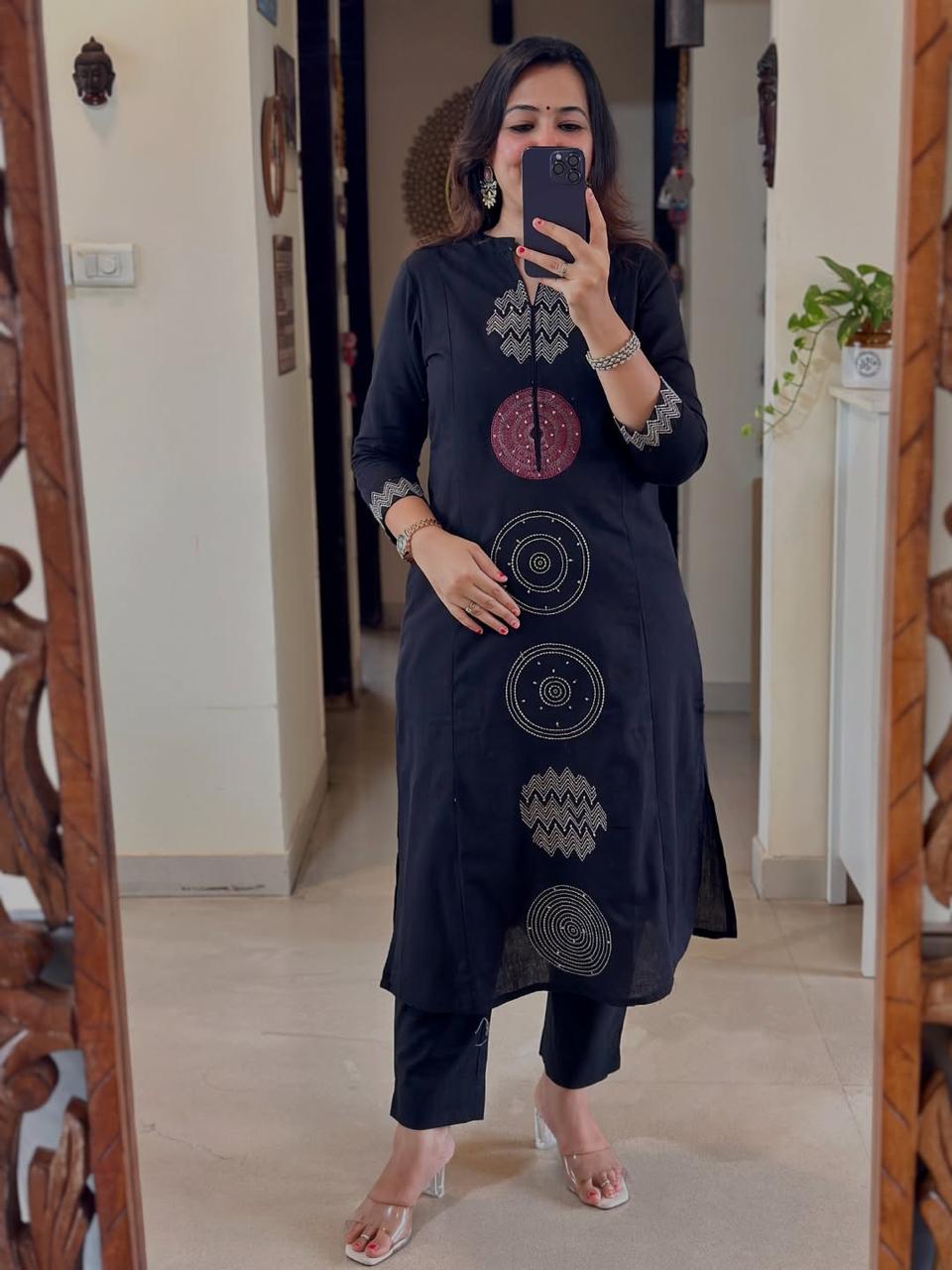 Elegant Navy Blue Cotton Kurta with Geometric Embroidery Detailing