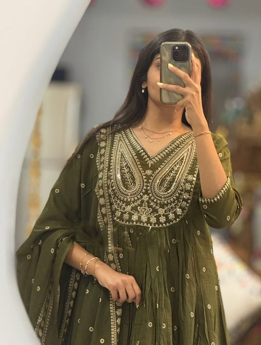 Olive Green Heavy Embroidered Anarkali Kurta Set with Dupatta