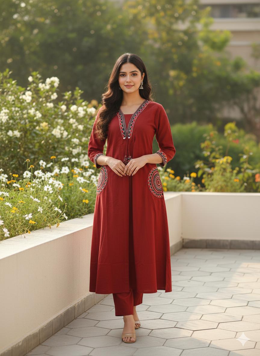 Classic Maroon Embroidered Kurta Set
