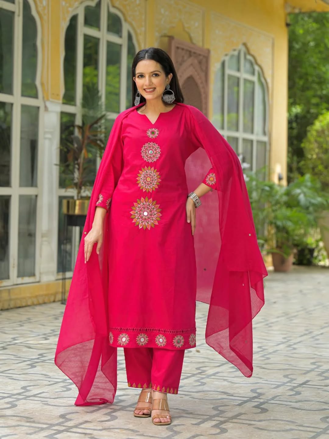 Rani Pink Embroidered Kurta Set with Sheer Dupatta
