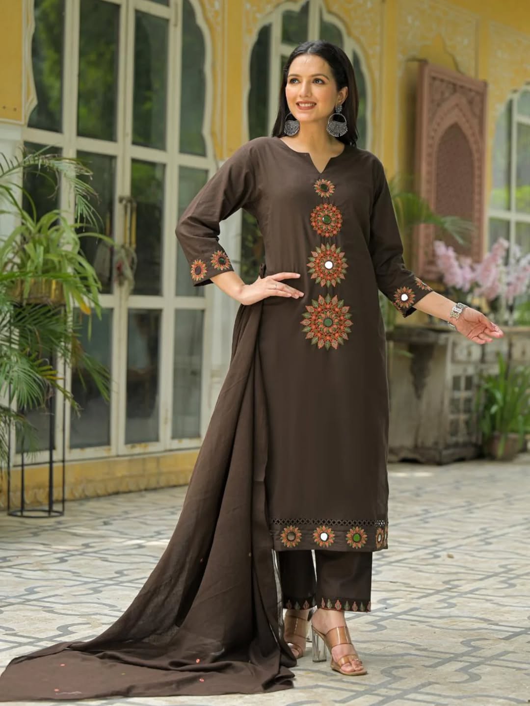 Coffee Brown Embroidered Kurta Set with Matching Dupatta