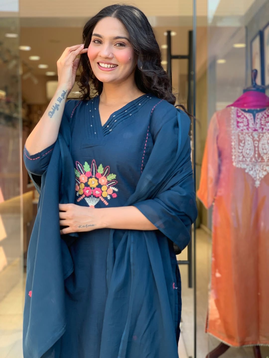 Teal Blue Floral Embroidered Kurta Set with Dupatta