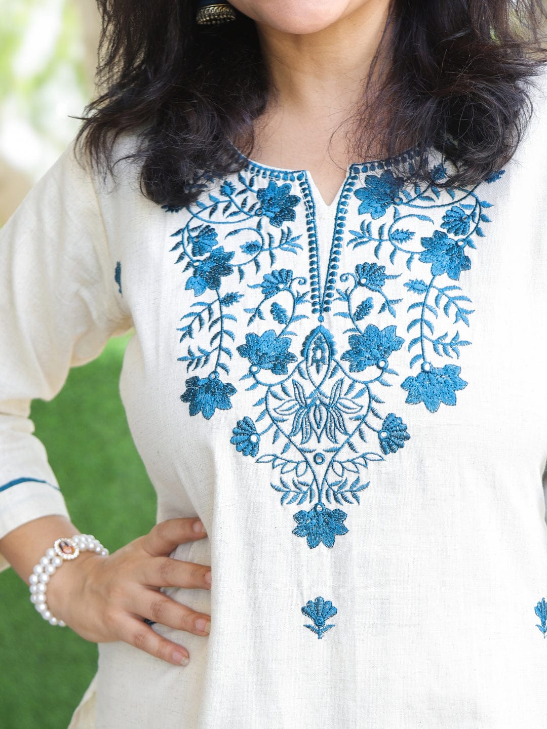 Ivory Blue Thread Embroidered Straight Kurta with Palazzo Set