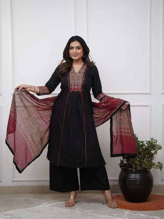 Black Maroon Ajrakh Printed Yoke Kurta Set with Palazzo & Dupatta