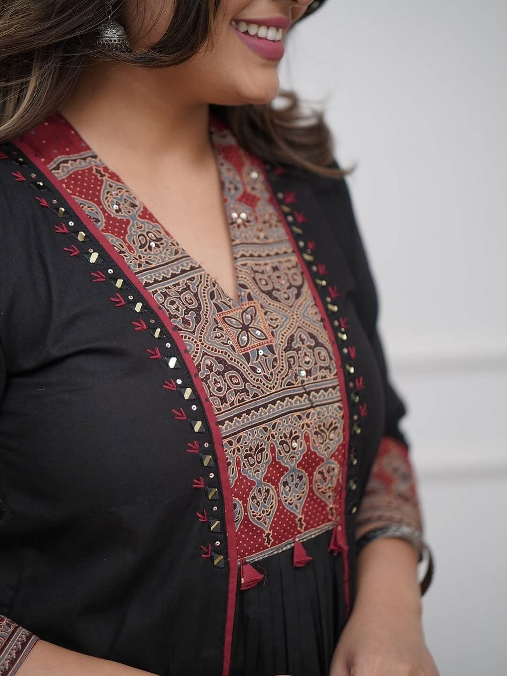 Black Maroon Ajrakh Printed Yoke Kurta Set with Palazzo & Dupatta