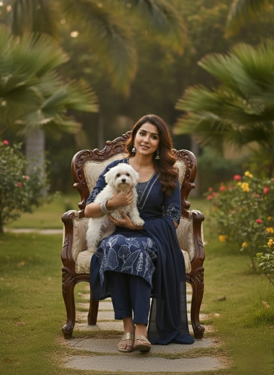 Navy Blue Embroidered Kurta Pant Set with Dupatta