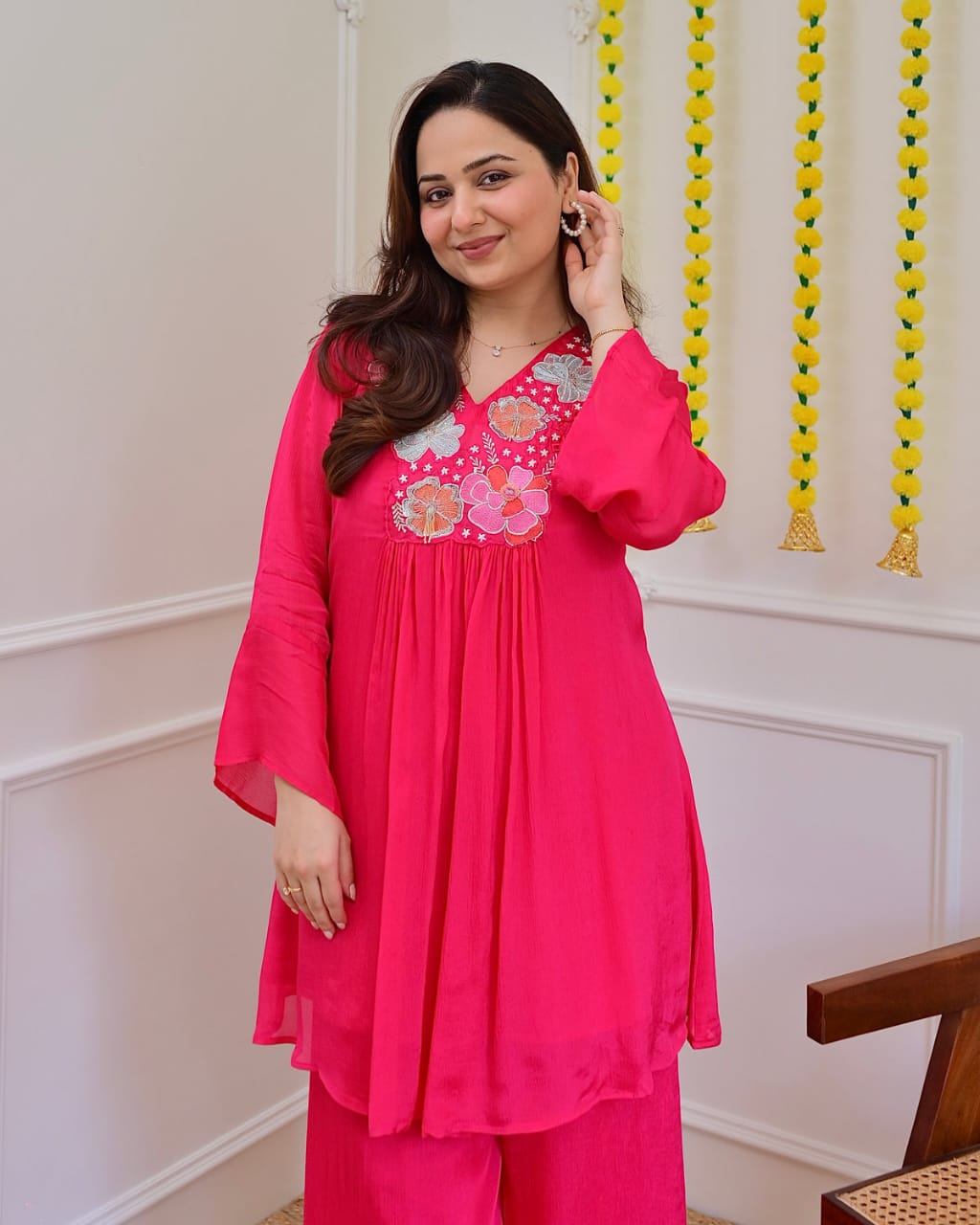 Hot Pink Floral Embroidered Yoke Short Kurti with Palazzo Set