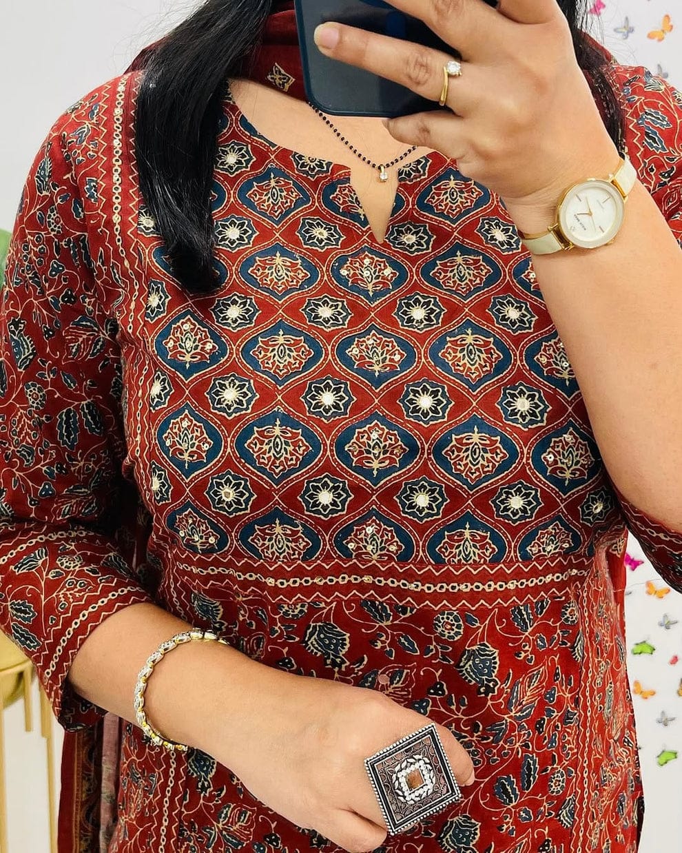 Crimson Red Ajrakh Inspired Printed Cotton Kurta Set with Dupatta