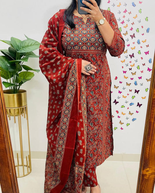 Crimson Red Ajrakh Inspired Printed Cotton Kurta Set with Dupatta