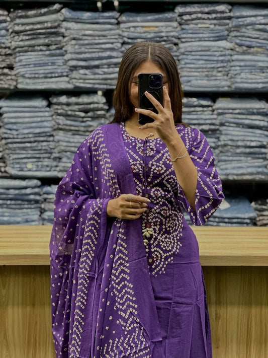 Royal Purple Bandhani Printed Cotton Kurta Set with Dupatta