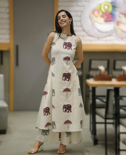 Ivory Handblock Printed Sleeveless Kurta Set with Palazzo