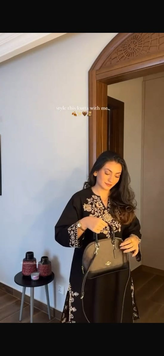 Black Embroidered Kurta with Off-White Palazzo Set