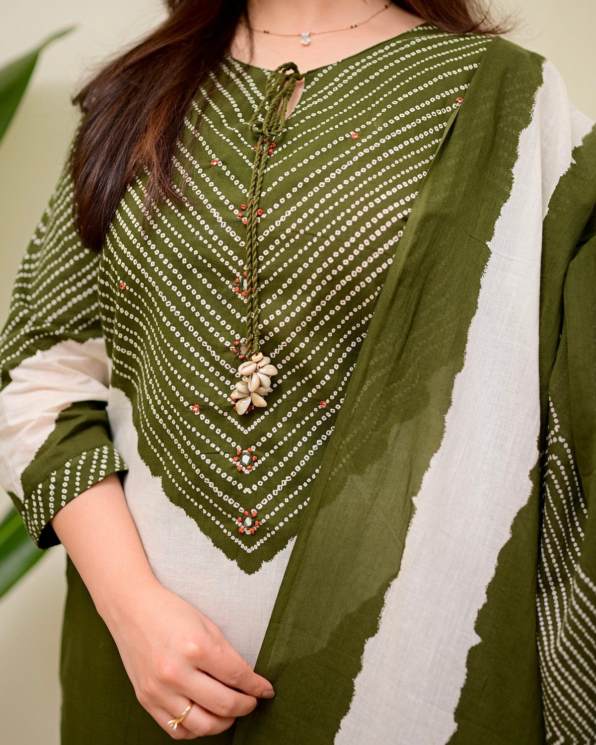 Olive Green Chevron Printed Kurta Set with Dupatta