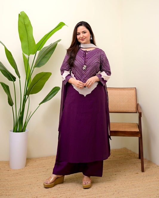 Royal Plum Chevron Printed Kurta Set with Dupatta