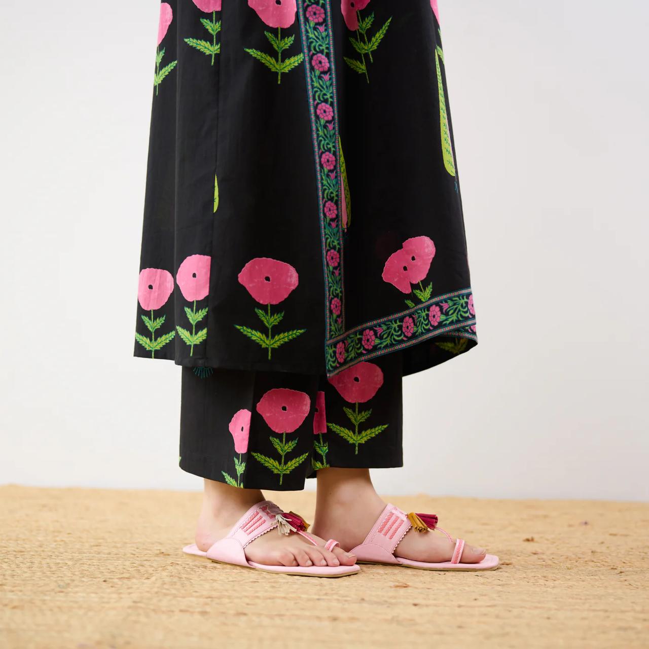 Midnight Black Floral Printed Kurta Set with V-Neck and Straight Pants