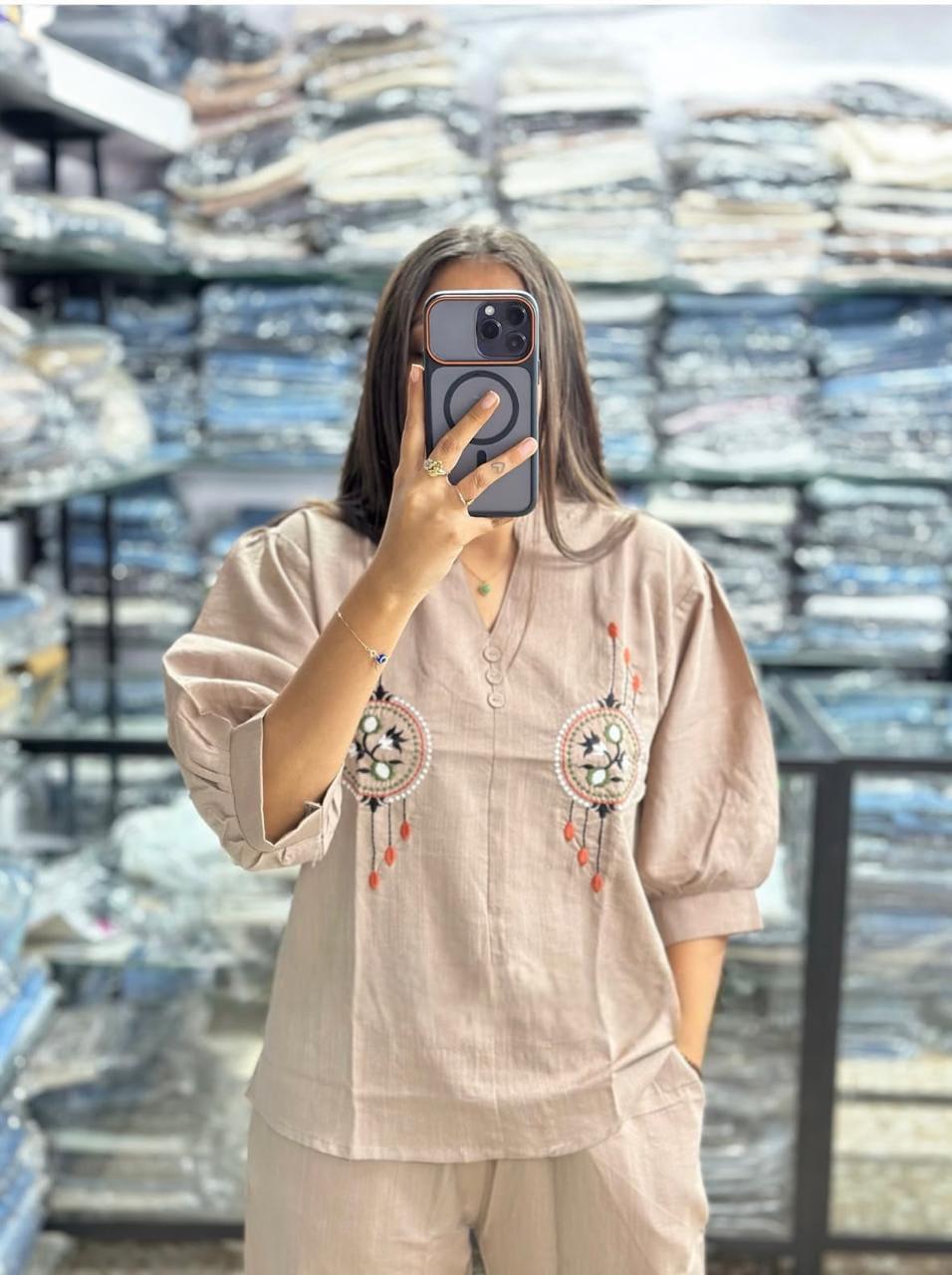 Elegant Beige Embroidered Co-Ord Set with Relaxed Wide-Leg Pants