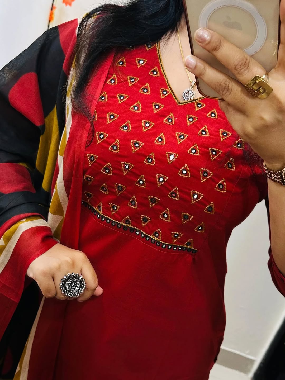 Crimson Red Kurta Set with Geometric Printed Dupatta
