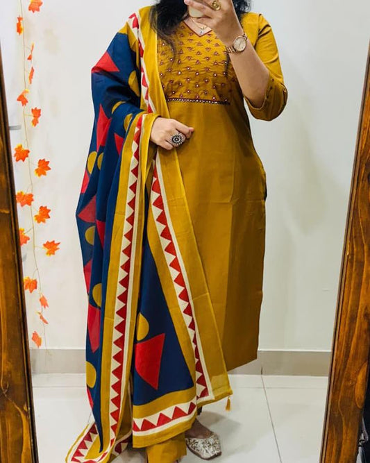 Mustard Yellow Kurta Set with Embroidered Yoke & Geometric Dupatta