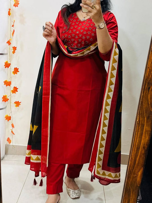 Crimson Red Kurta Set with Geometric Printed Dupatta