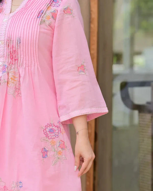 Baby Pink Mulmul Cotton Floral Printed A-Line Kurta Set with Palazzo