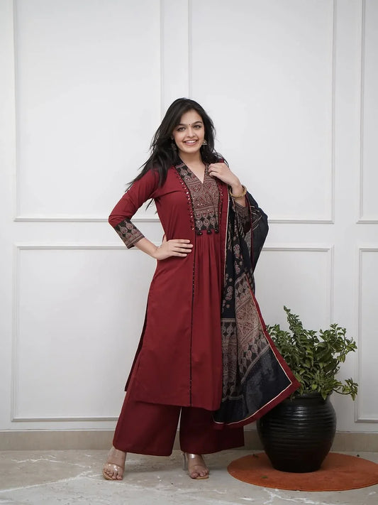 Maroon Printed Kurta Set with Contrast Dupatta