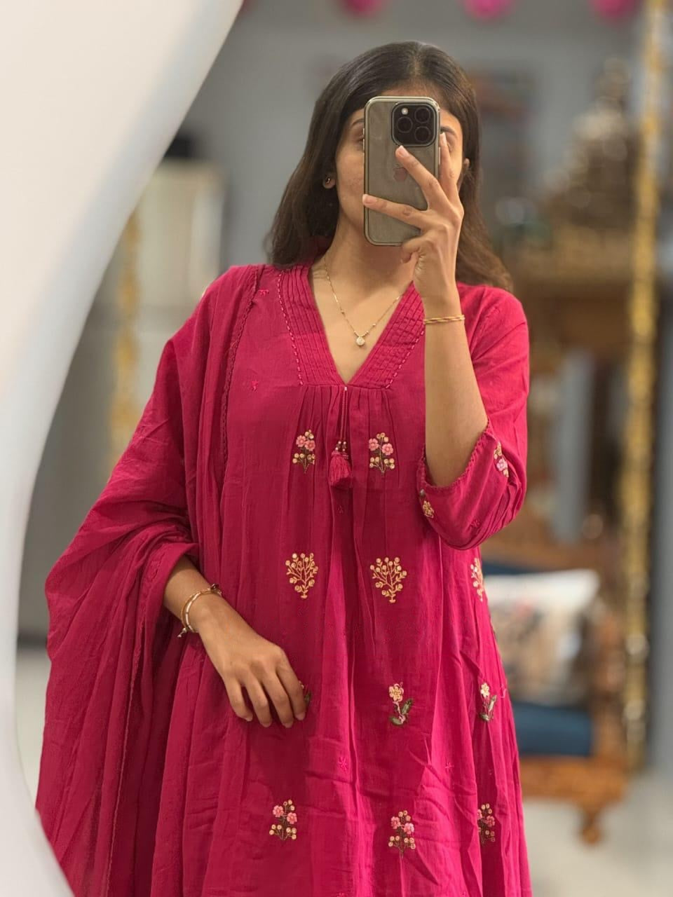 Rani Pink Embroidered Kurta Set with Dupatta