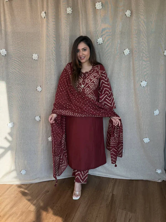 Maroon Handblock Printed Kurta Set with Dupatta
