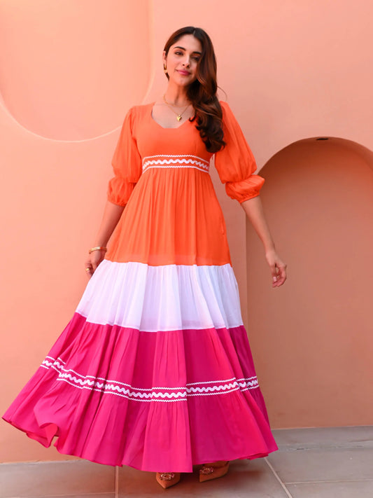 Sunset Coral Tiered Anarkali Dress with Pink & Ivory Panels