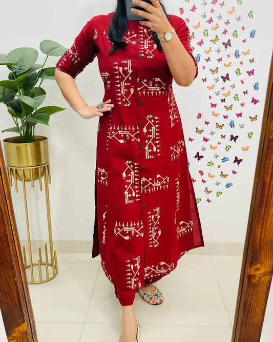 Crimson Red Tribal Print Button-Down Kurta Set