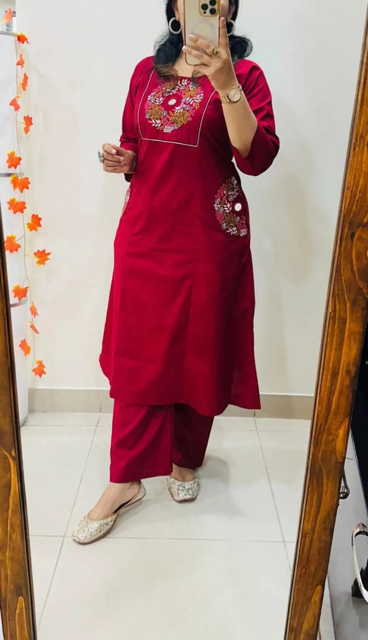 Deep Maroon Floral Embroidered Straight Kurta Set with Pants