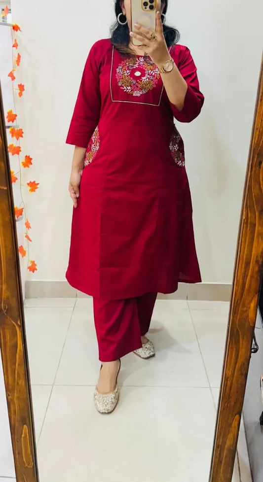 Deep Maroon Floral Embroidered Straight Kurta Set with Pants