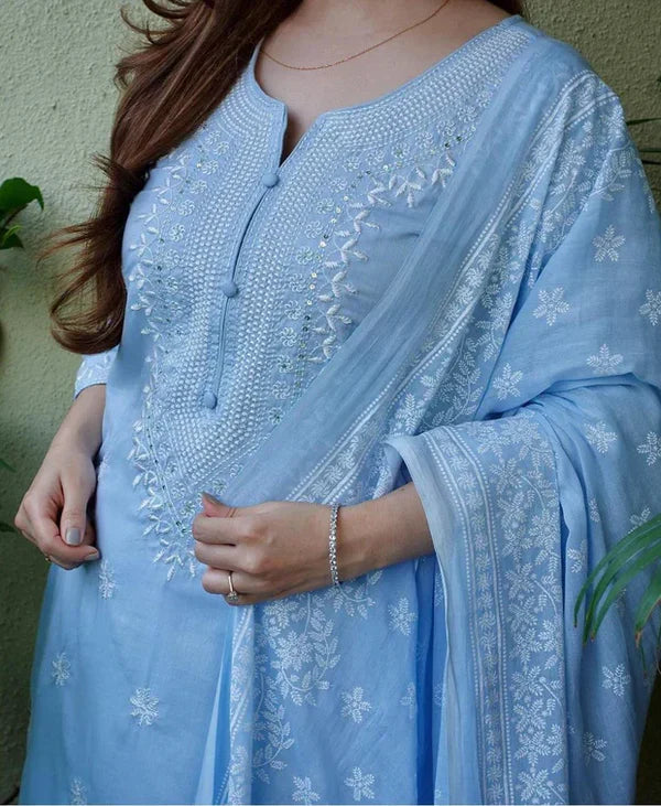 Blue Embroidered Straight Kurta Set with Pants & Dupatta