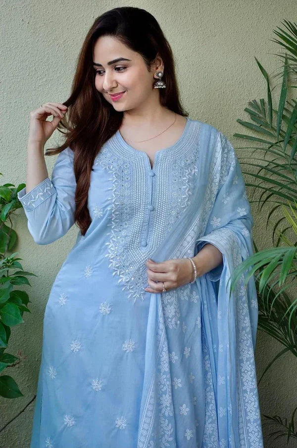 Blue Embroidered Straight Kurta Set with Pants & Dupatta
