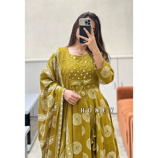 Yellow Cotton Printed Anarkali with Attached Jacket Detailing with Pants and Dupatta