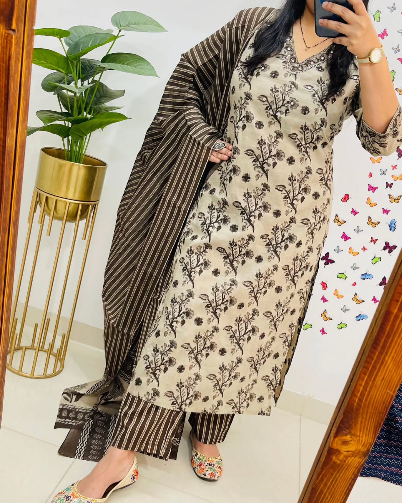 Premium Bagru Cotton Suit Set – Beige & Brown Handblock Floral Print | Kurti, Pant & Striped Dupatta