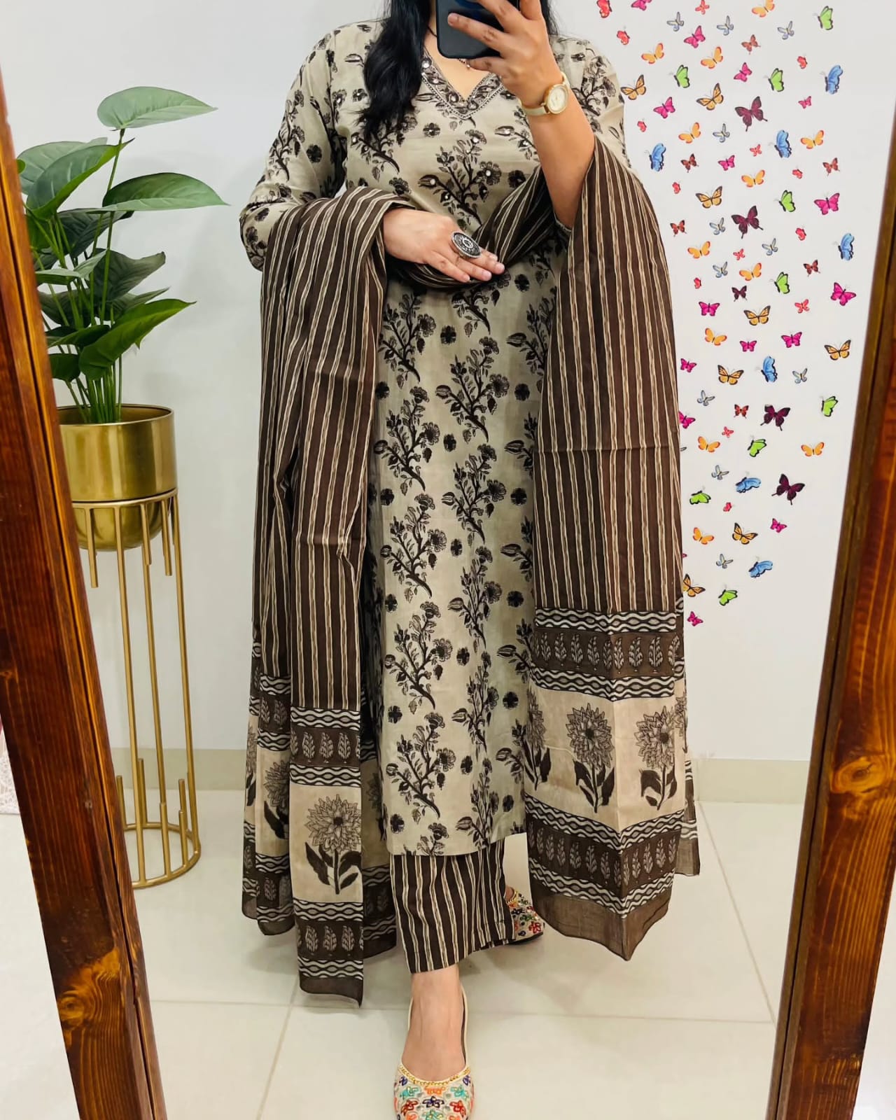 Premium Bagru Cotton Suit Set – Beige & Brown Handblock Floral Print | Kurti, Pant & Striped Dupatta