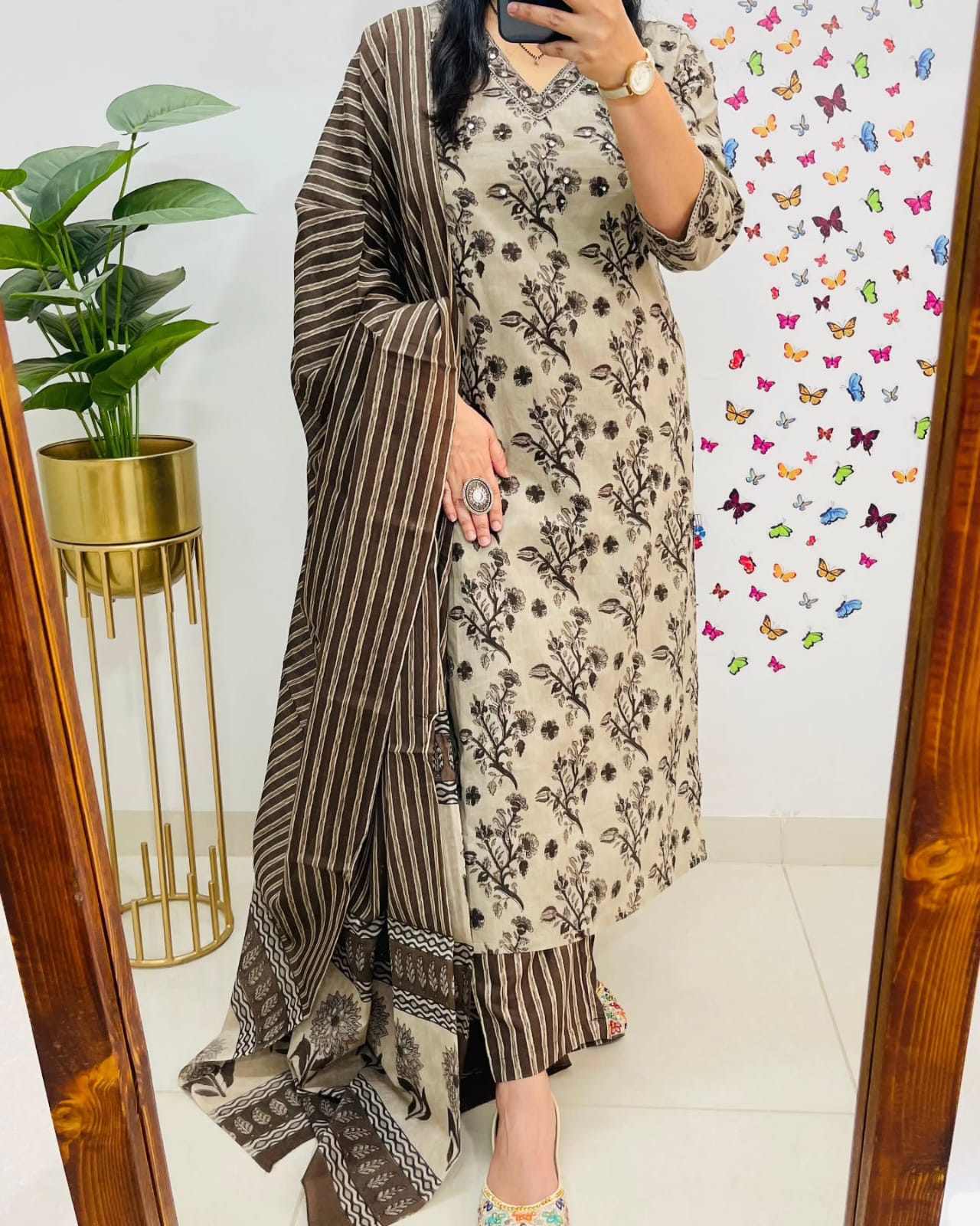 Premium Bagru Cotton Suit Set – Beige & Brown Handblock Floral Print | Kurti, Pant & Striped Dupatta